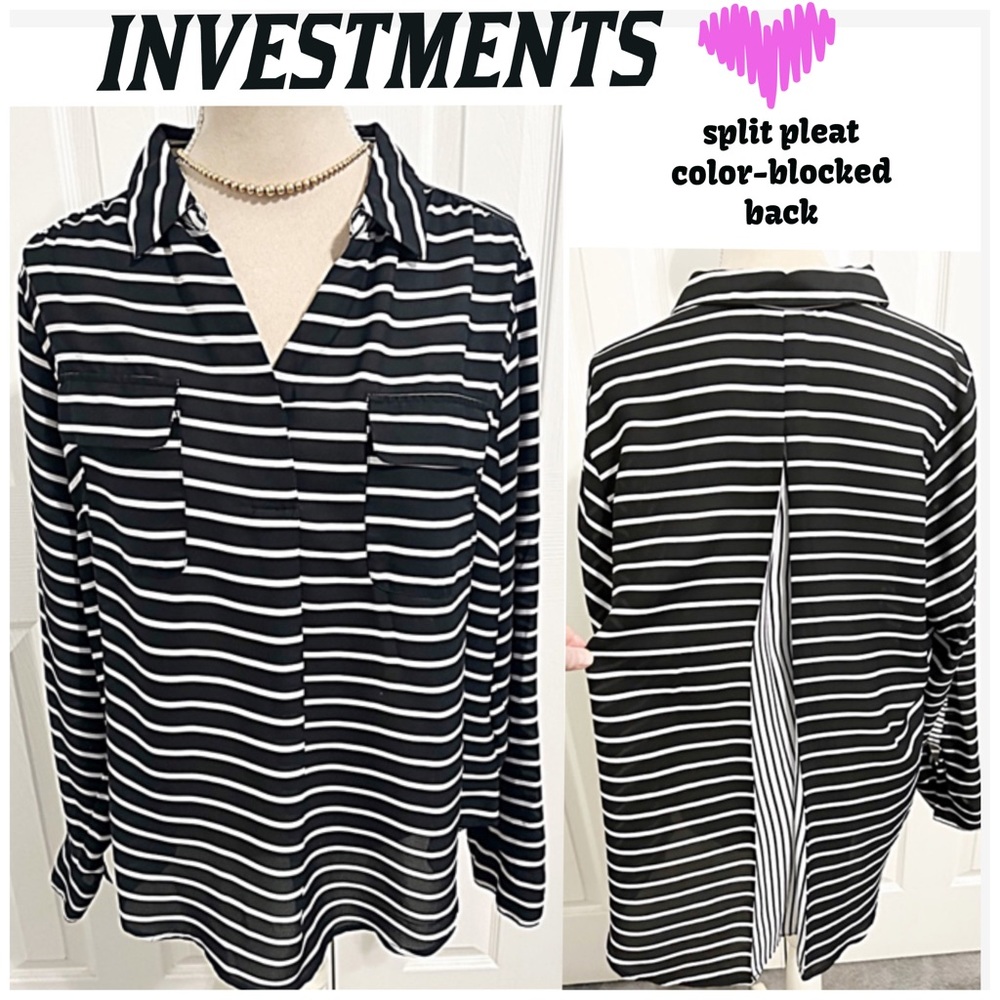 Investments, V Neckline, Black with White Stripes Hi-Lo Hem, Tunic Length Top 1X
